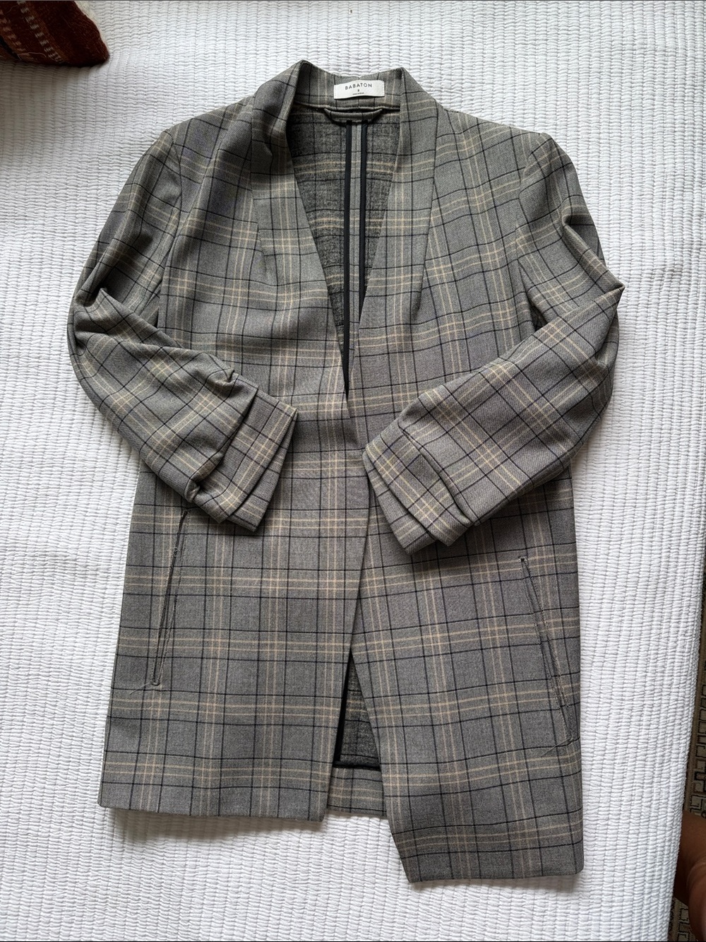 Babaton Plaid Open-Front Blazer in Gray and Taupe